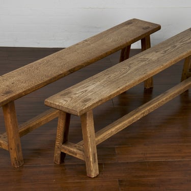 19th Century Rustic Country French Farmhouse Oak Benches - a Pair 