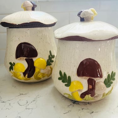One set of Vintage Arnel Like Hobbyist Mushroom Design Cookie/Coffee Jar Canisters Circa 1980s- signed. by LeChalet