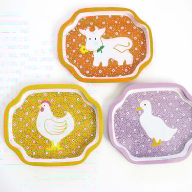 Vintage 70s Farm Animal Small Metal Trays set of 3 - Cow Chicken Duck Tin Catchall Dish Tray - Shabby Chic Farmhouse Grandma 