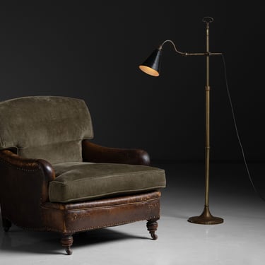 Leather & Corduroy Armchair / Brass Floor Lamp