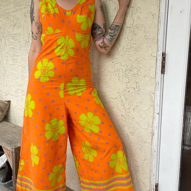 60s neon orange and green psychedelic jumpsuit 