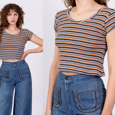 70s Striped Knit Crop Top - Small | Vintage Land 'N Sea Scoop Neck Cropped Fitted Tee 