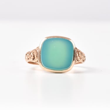 Antique Square Aqua Chalcedony 14K Gold Engraved Stackable Ring, Hand Engraved Designs, Estate Jewelry,  6 1/2 US 