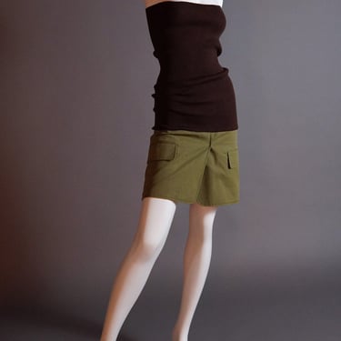 F/W 2002 Dior by Galliano runway dress with ribbed knit brown top and olive green cargo mini skirt 