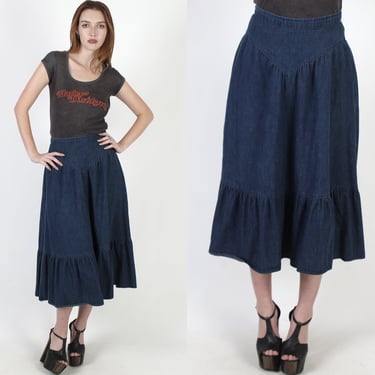 Gunne Sax Blue Jean Skir With Pockets, Vintage 70s Chambray Solid Color, Denim Prairie Boho High Waist Midi Skirt Size 11 