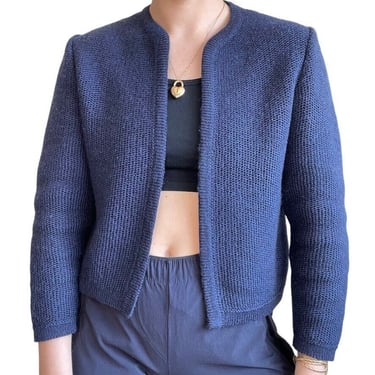 Vintage Womens Hand Knit Navy Blue 100% Wool Cropped Cardigan Sz M 