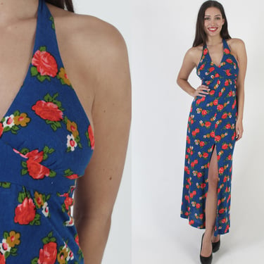 Vintage 70s Floral Print Halter Dress / Red Rose Prairie Style / Summer Picnic All Over Print Dress / Open Back Long Sun Dress 