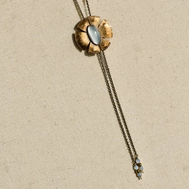 Flora Bolo Necklace - Oxidized Brass, Sterling Silver + Blue Moonstone Glass  w/Oxidized Sterling Silver 32&quot; Chain