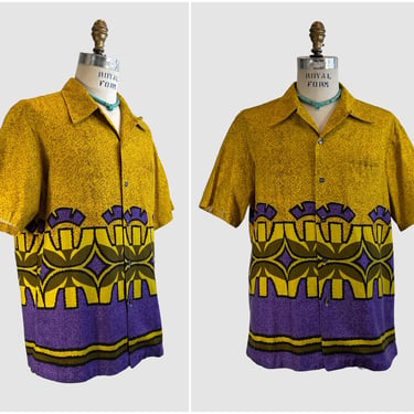 SEARS HAWAII Vintage 60s Hawaiian Shirt | 1960s Cotton Barkcloth Tiki Top | 70s Tropical Surf Beach, Aloha Mid Century Mod, | Mens X Large 