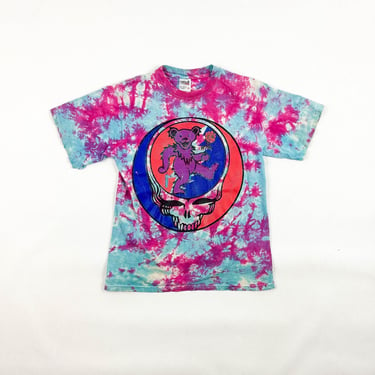 1990s Greatful Dead Bear Tie Dye T Shirt / Anvil / Small / Pink and Blue / Worn / Holes / Thrashed / Shredder / 1995 / Distressed / Skull / 