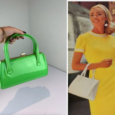 Basic Dressed But Well Dressed - Vintage 1960s Bright Green Faux Patent Leather Mini Barrel Handbag Purse 