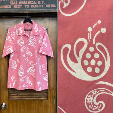 Vintage 1950’s Size XL “Kamehameha” Label Pink Cotton Tiki Hawaiian Shirt, Loop Collar Original, 50’s Vintage Clothing. 