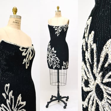 80s 90s Vintage Beaded Sequin Dress By Bob Mackie Black Silver Strapless Beaded Cocktail Party Dress BoB Mackie Cher Dress Small Medium 