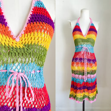 Vintage Y2K Rainbow Cotton Crochet Dress / S-M 