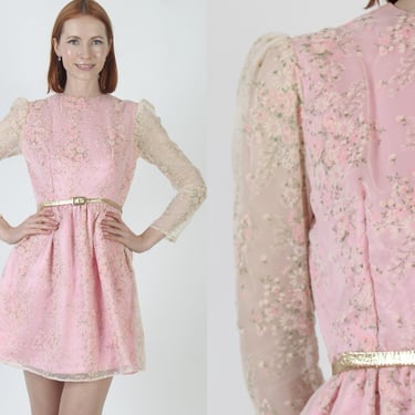 Light Pink Chiffon Floral Mini Dress / Vintage 70s Velvet All Over Flower Print / Cute Bridesmaids Outfit Short Frock 