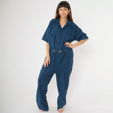 70s Coveralls Dark Blue Utility Boiler Suit Vintage Straight Leg Jumpsuit Short Sleeve 1970s Workwear Zip Up Men's Extra Large xl 