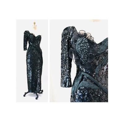 Vintage 80s 90s Black Sequin Party Dress Gown Small Medium Asymmetrical one shoulder Black Sequin Gown Drag Queen Pageant Dynasty Dress 