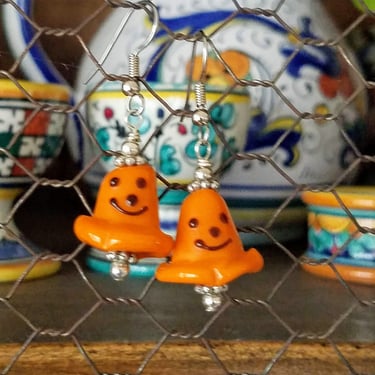 Cute Halloween Earrings~Orange & Black Glass Handmade Ghost Earrings 