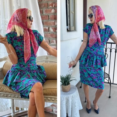80s Floral Flirty Ruched Party Dress by All that Jazz S m 