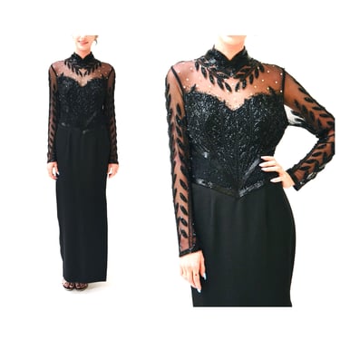90s Vintage Black Beaded Evening Gown Size Medium// Black SHEER beaded Evening gown long sleeves Black dress gown Medium Cache 90s Dress 