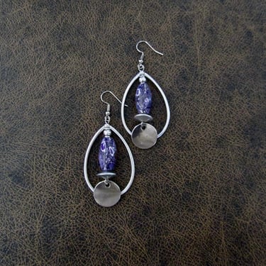 Hoop earrings, silver abstract earrings, purple earrings, bold statement earrings, artisan unique modern, imperial jasper earrings 