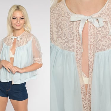 70s Bed Jacket Baby Blue Lingerie Top Lace Trim Sheer Puff Sleeve Tie Front Sleep Shirt Retro Lounge Top Pastel Vintage 1970s Small Medium 