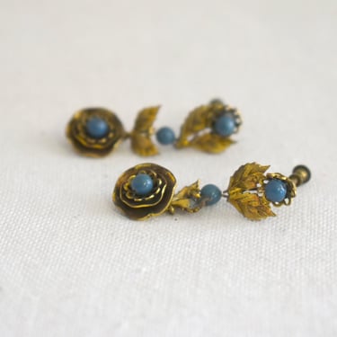 1950s Blue Rose Screw Back Dangle Earrings 