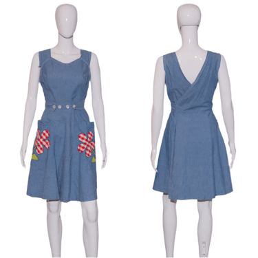 1970's Chambray Gingham Flower Wrap Dress - Size S