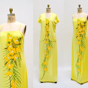 70s Vintage Yellow Maxi Dress Hawaiian Floral Print Dress Yellow Dress Jacket Medium Large Floral Hawaiian Print Maxi Dress By Shaheen 