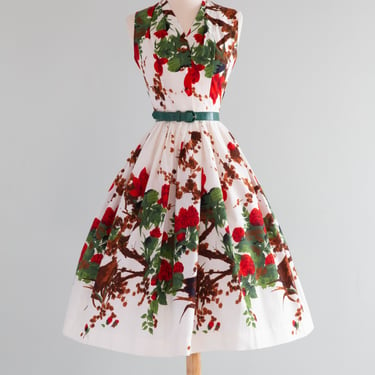 Iconic 1950's Marc-el Fashions of Miami Red Floral Cotton Dress / Small