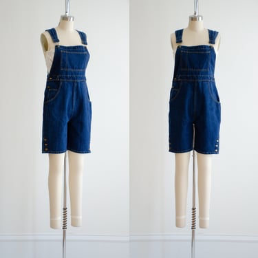 denim overall shorts 90s vintage Carolina Bay dark wash bib overalls 