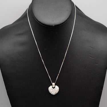 80's sterling pave CZ puffy hinged heart pendant, romantic clear cubic zirconia 925 silver necklace 