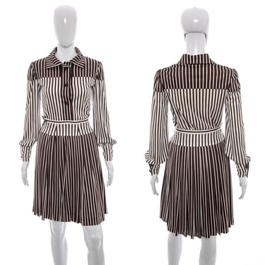 1970's Pertegaz Brown and White Striped Skirt and Blouse Duo Size S