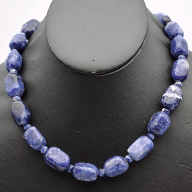 80's chunky sodalite bead & barrel 925 silver necklace, big boho sterling blue stones statement 