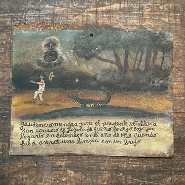 1920s Ex Voto Tin Retablo of a Man Attacked by Alligator after Cleansing by Sorcerer - Early 1900s Mexican Folk Art - Rare Unique Artwork 