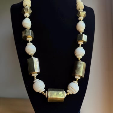 Chunky Brass & Carved Bone Necklace 