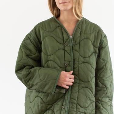 Vintage Green Liner Jacket | Unisex Wavy Quilted Nylon Coat | XL | LI293 