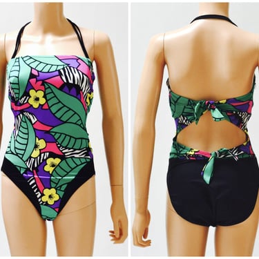 Vintage 80s High Cut Swim Suit size Medium Black Tropical Floral Print Open Back Swimsuit Strapless 80s Animal Print 