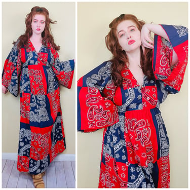 1970s Vintage Red and Blue Bandana Print Maxi Dress / 70s Western Paisley Flared Sleeve Gown / Size Medium - Large 