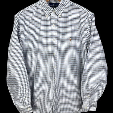 Vintage 1990s POLO Ralph Lauren Oxford Cloth Button-Down Shirt ~ L ~ 100% Cotton ~ OCBD ~ Classic Fit ~ Grid Check / Plaid 