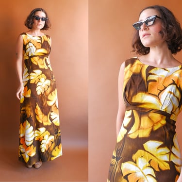 Vintage 70s Tiki Barkcloth Maxi Dress/ 1970s Hawaiian Sleeveless Summer Dress/ Size Small Medium 