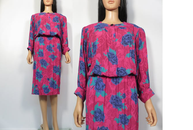 Vintage 80s Rose Print Secretary Dress Size S 