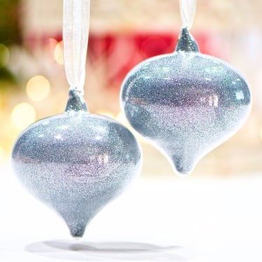 VINTAGE: 2 Hand Blown Ornaments - Silver Glitter Glass Ornaments - Christmas - SKU 30-405-00030586 