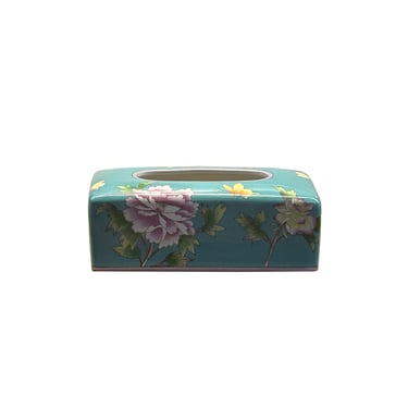 Teal Blue Flower Bird Graphic Rectangular Porcelain Tissue Box Cover ws4820DE 