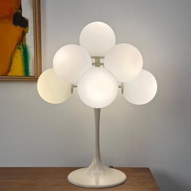 Vintage Mid Century Modern Space Age Atomic White Glass Globe Tulip Table Lamp by E.R. Nele for Temde Leuchten 1960s 