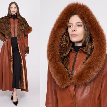 90s Leather Fur Trim Hooded Maxi Princess Coat - Large to XL | Vintage Brown Boho Shawl Collar Long Button Up Jacket 