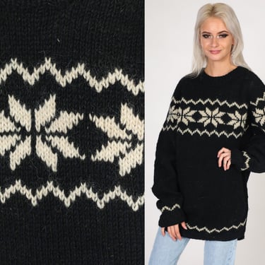 Snowflake Sweater 80s Black Wool Pullover Knit Ski Sweater White Geometric Fair Isle Print Boho Pullover Nordic Vintage 1980s Extra Large xl 