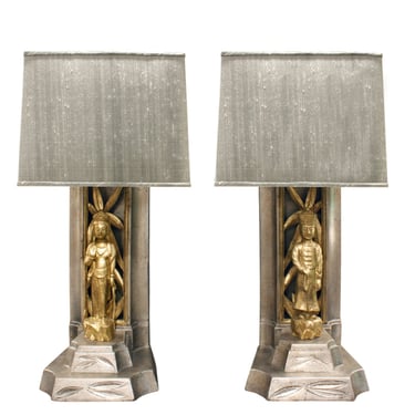 James Mont Pair of Hand Carved Figural Table Lamps 1950s