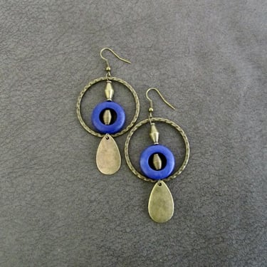 Hammered bronze hoop earrings, Bohemian boho earrings, purple stone, unique artisan earrings, mid century 