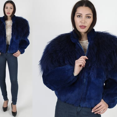 Blue Mongolian Lamb Fur Coat, Real Tibetan Shaggy Avant Garde Jacket, Curly Sheared Rabbit Oversized Bomber 